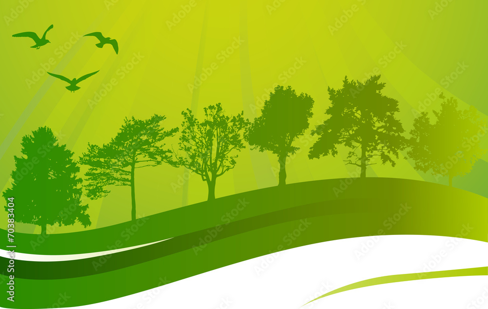abstract green composition with gulls above trees abstract green composition with gulls above trees