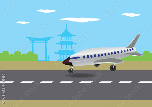 Airplane Landing in Japan Vector Illustration