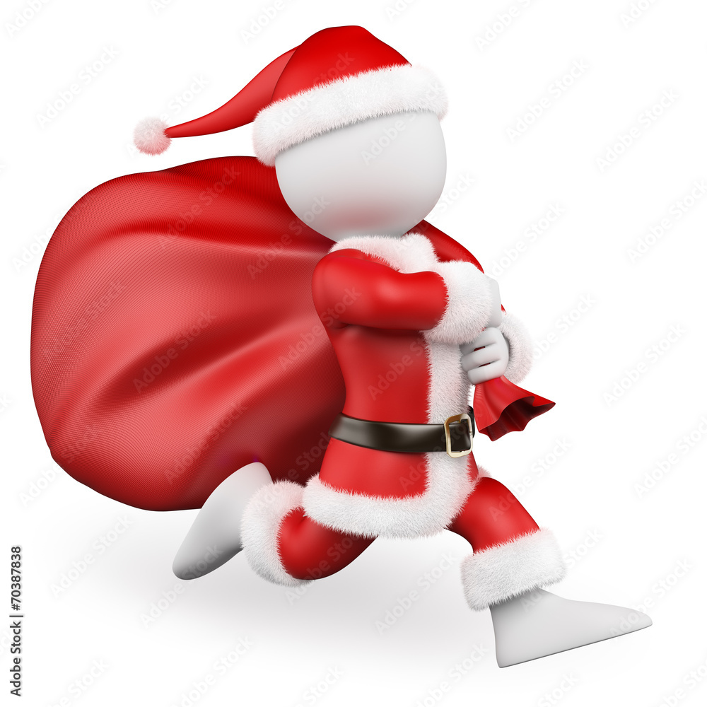 3D white people. Santa Claus running with big bag full of gifts 3D white people. Santa Claus running with big bag full of gifts