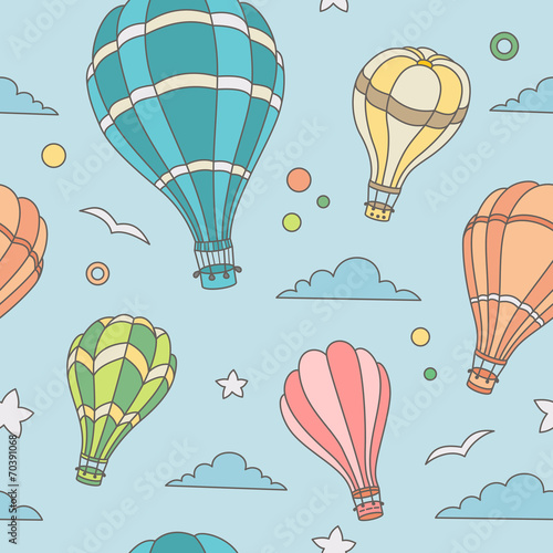 Seamless pattern of hot air balloons on the sky