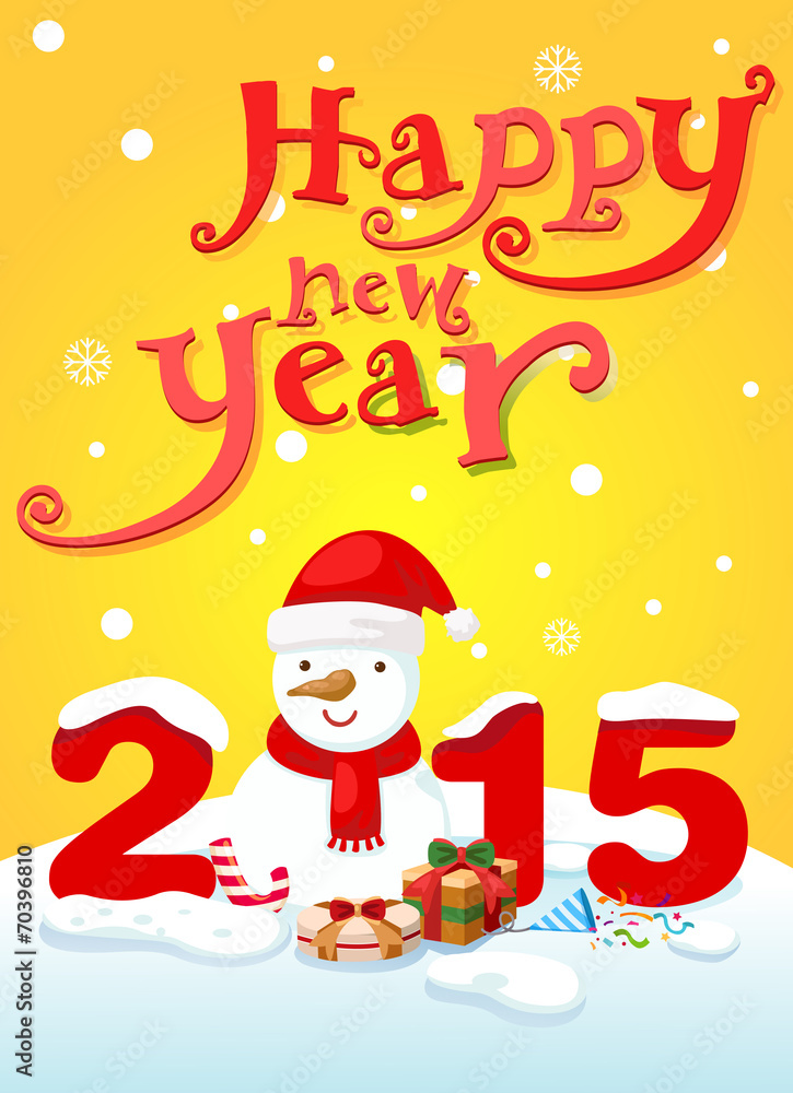 happy new year typography and snowman landscape background vecto