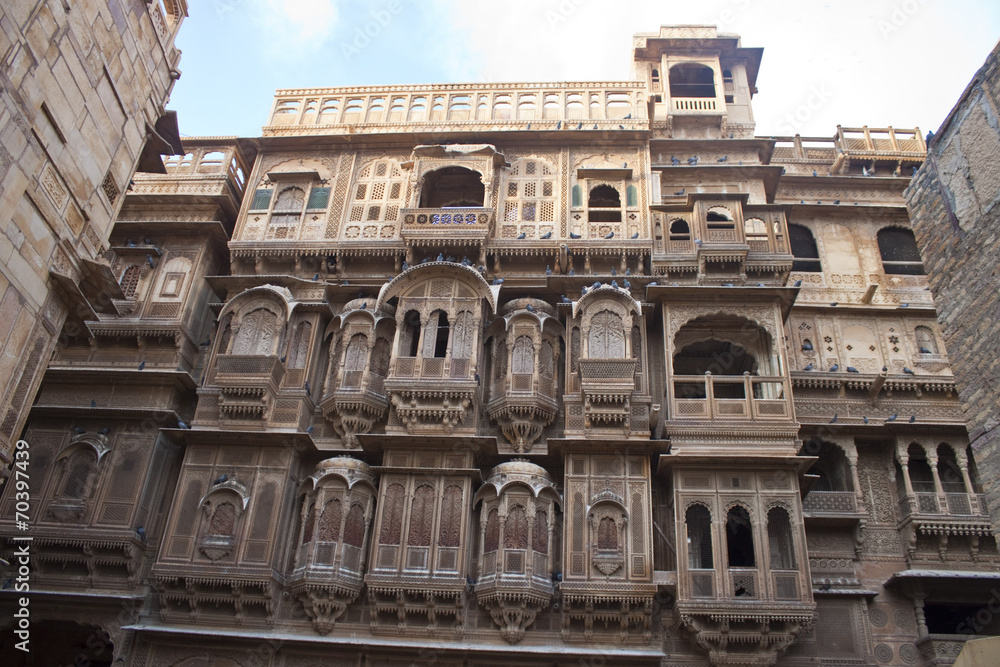 Ornate facade of Haveli in the old town of Jaisalmer, India