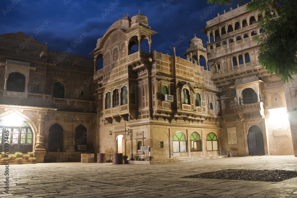 Ornate facade of Haveli in the old town of Jaisalmer, India