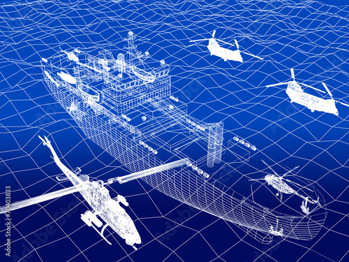 warship with helicopter 3d wire frame on water