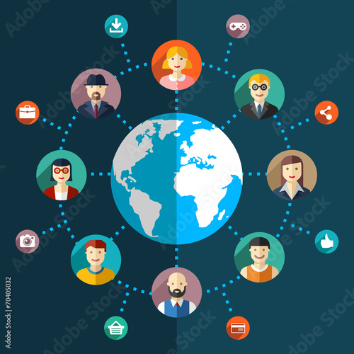 Social network flat illustration with avatars earth