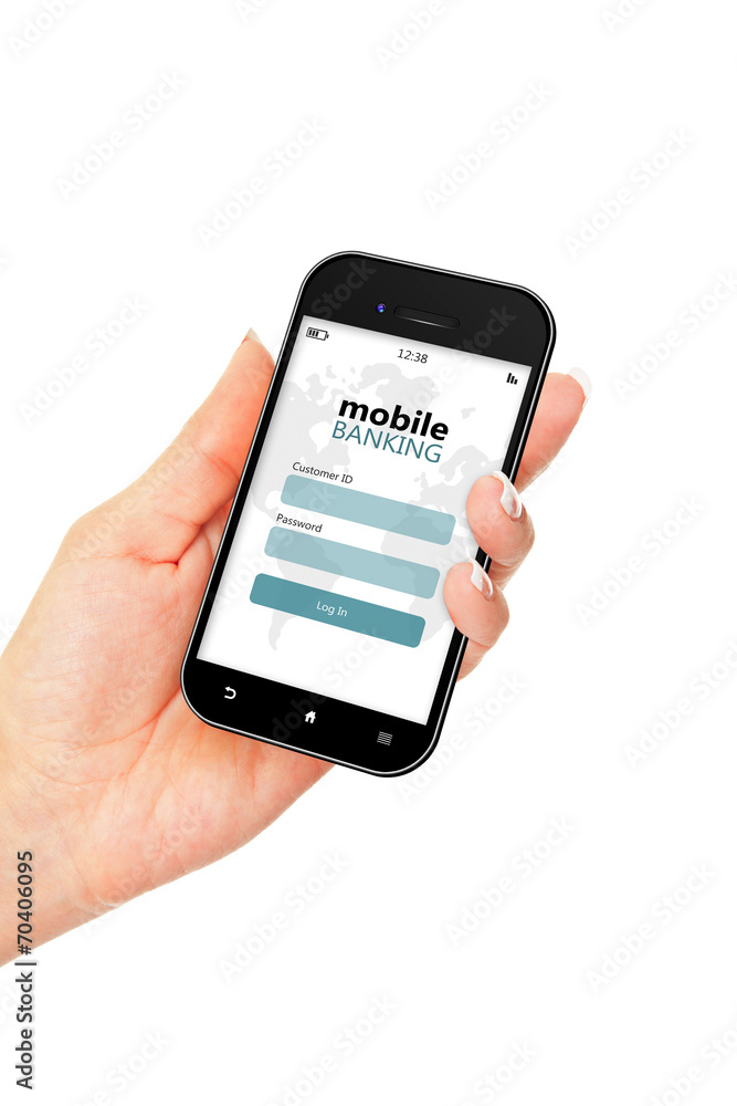 mobile phone with mobile banking login page holded by hand isola mobile phone with mobile banking login page holded by hand isola