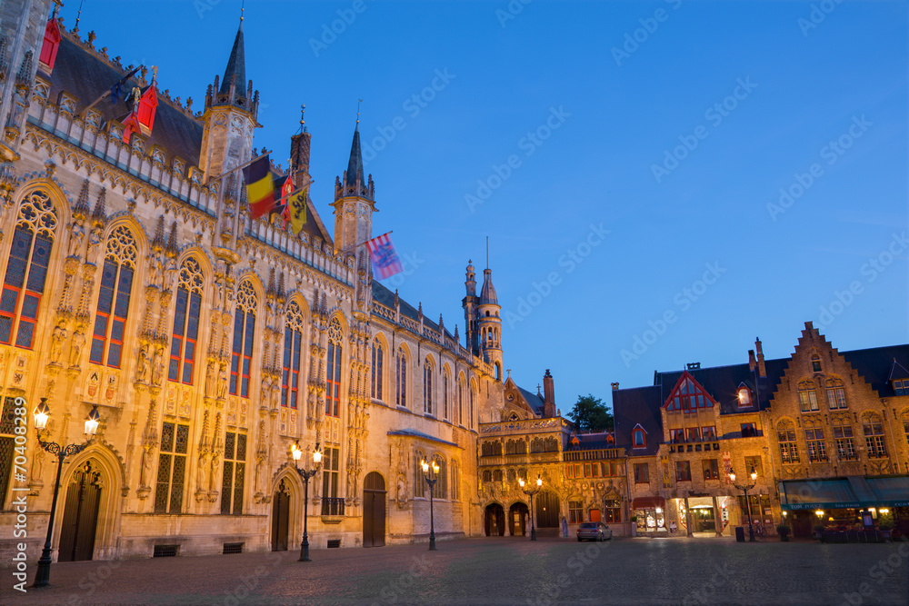 Bruges - The Burg square and facade of gothic town hall.