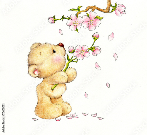 Plakat kreskówka piękny kwiat niedźwiedź