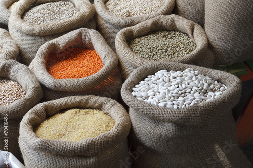 Beans, rice, lentils, oats, wheat, rye and barley in jute sack