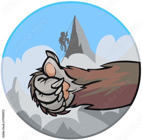 Yeti's hand doing encouraging sign on the peak background.