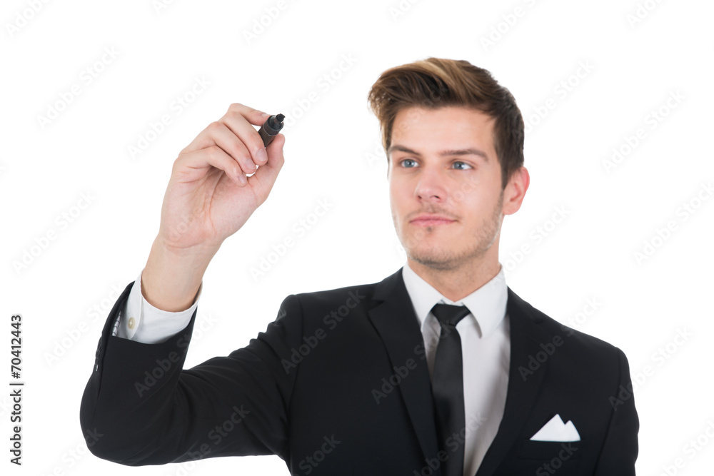 Businessman Writing On Transparent Screen Businessman Writing On Transparent Screen