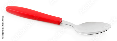 Metal spoon with red handle isolated on white