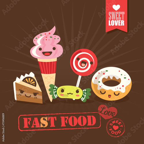 Kawaii fast food sweets candy cartoon characters illustration