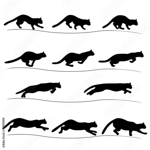 Set of running black cat silhouettes