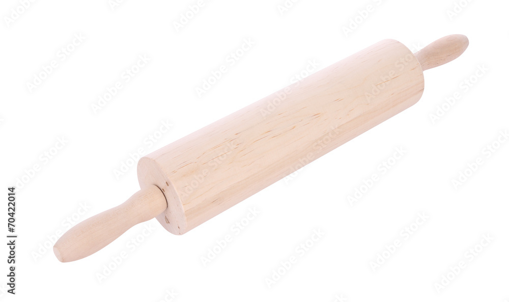 Light wooden rolling pin for cooking on white background.