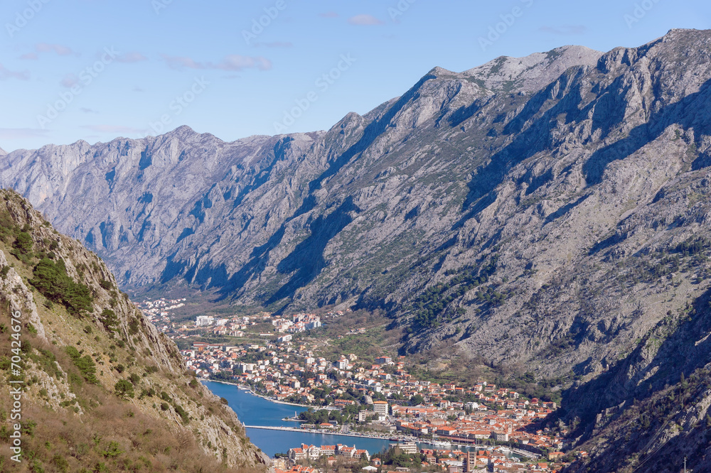Valley between high mountains. Kotor city, Montenegro
