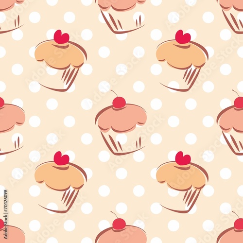 Tile vector pattern with cupcakes and polka dots background