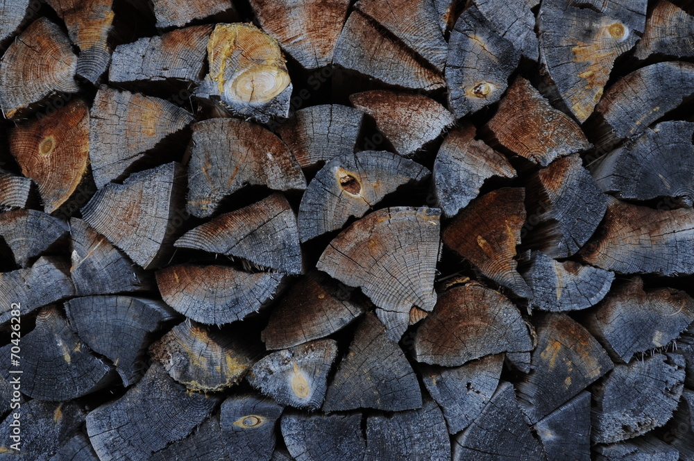 Background of dry chopped firewood logs in a pile at the wall Background of dry chopped firewood logs in a pile at the wall