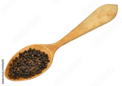 Black Peppercorns And Wooden Spoon