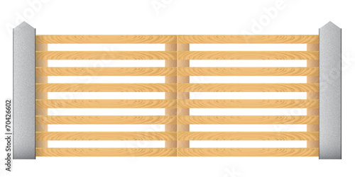Wooden fence with concrete columns on a white background. Gates.