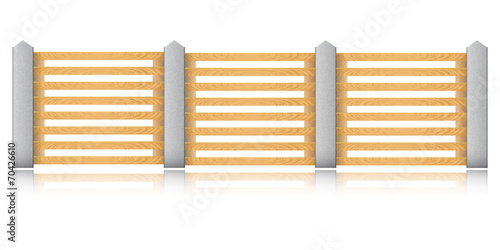 Wooden fence with concrete columns on a white background. Vector
