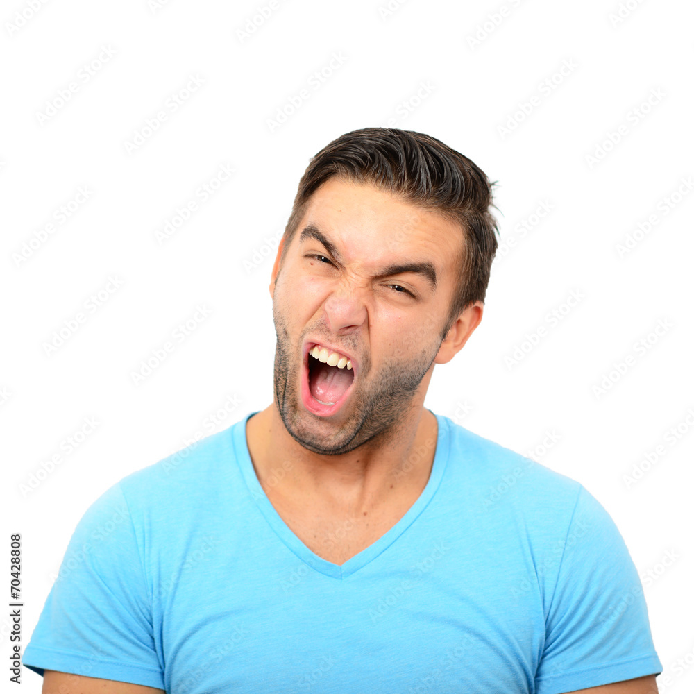 Portrait of angry man screaming against white background Portrait of angry man screaming against white background