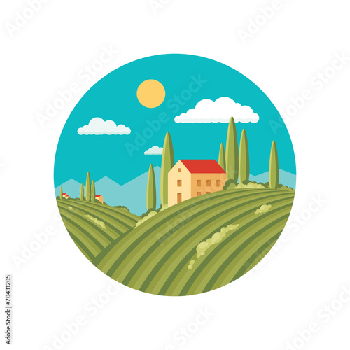 Agriculture landscape with vineyard. Flat style design.
