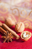 Christmas still life concept with walnuts  cinnamon sticks and s