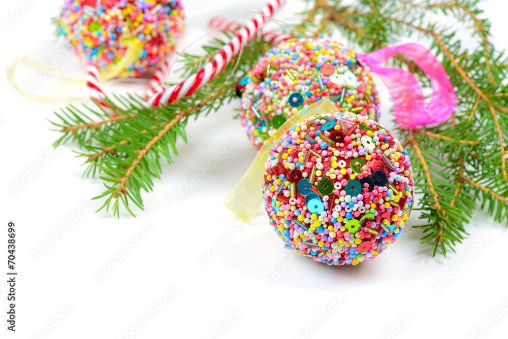 Spruce with Christmas balls and candy canes Spruce with Christmas balls and candy canes