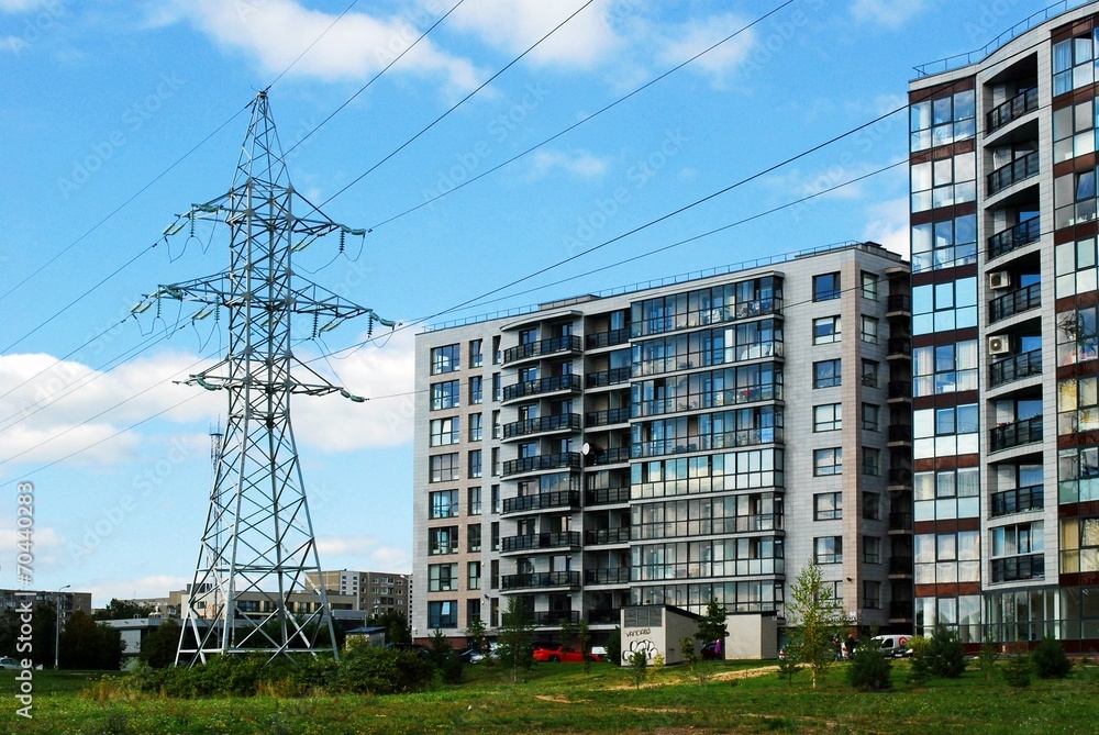 High voltage power lines in the city