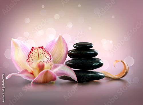Spa Stones and Orchid Flower. Stone Massage