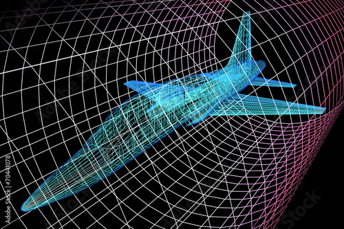 Aircraft Model In Wind Tunnel: Simulation of an aircraft model being analyzed in wind tunnel for aerodynamic effects on its structure - 3d presentation