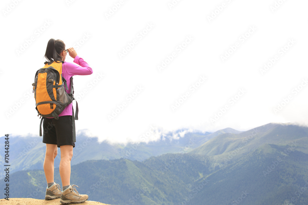 young woman hiker enjoy the view mountain peak young woman hiker enjoy the view mountain peak