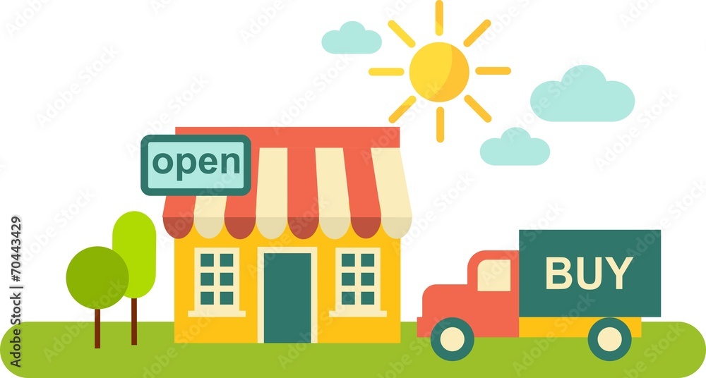 Fototapeta premium Shopping concept with shop and delivery car