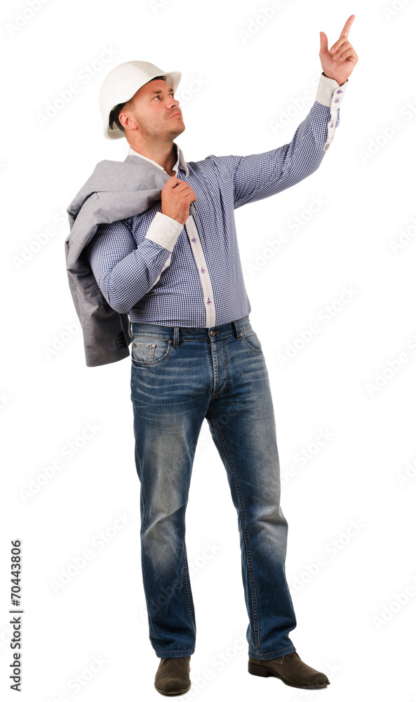 Workman or builder pointing up to blank copyspace Workman or builder pointing up to blank copyspace