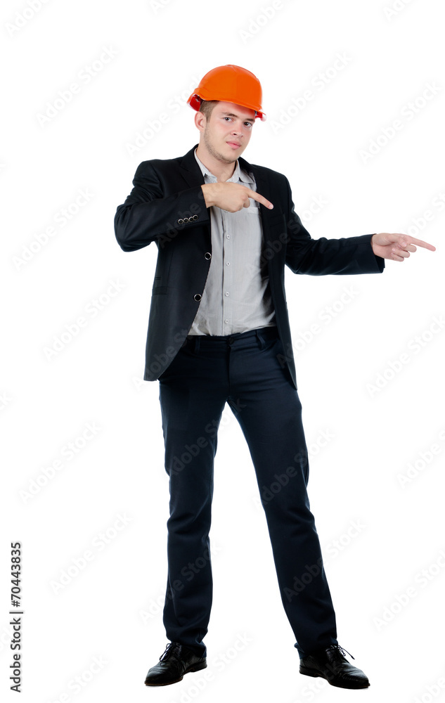 Young builder, architect or engineer pointing Young builder, architect or engineer pointing