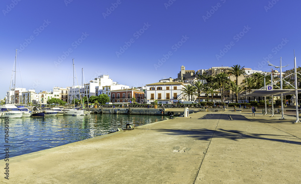 Ferry station in the port of Ibiza with Old Town