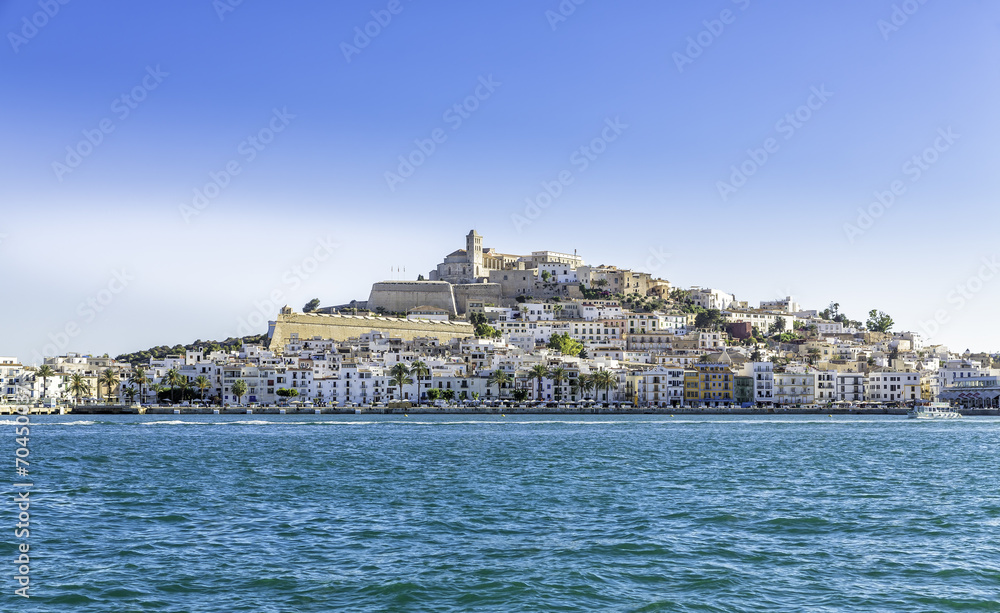 Ibiza Eivissa Old Town with blue Mediterranean Sea, Spain