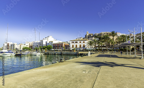 Ferry station in the port of Ibiza with Old Town