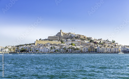 Ibiza Eivissa Old Town with blue Mediterranean Sea, Spain