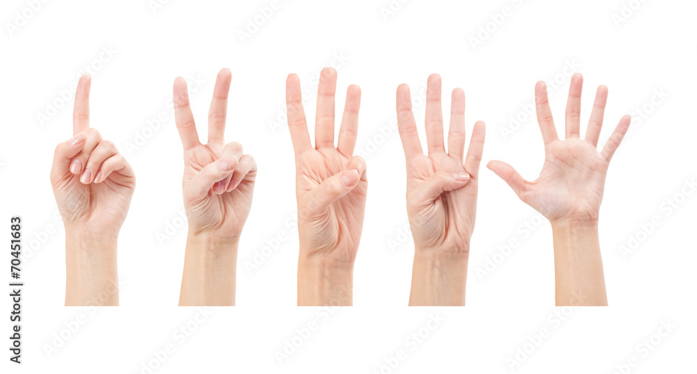 Fototapeta premium Counting woman hands (1 to 5) isolated on white background