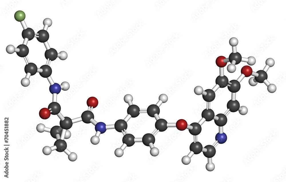 Cabozantinib cancer drug molecule. Inhibitor of c-Met and VEGFR2 Cabozantinib cancer drug molecule. Inhibitor of c-Met and VEGFR2