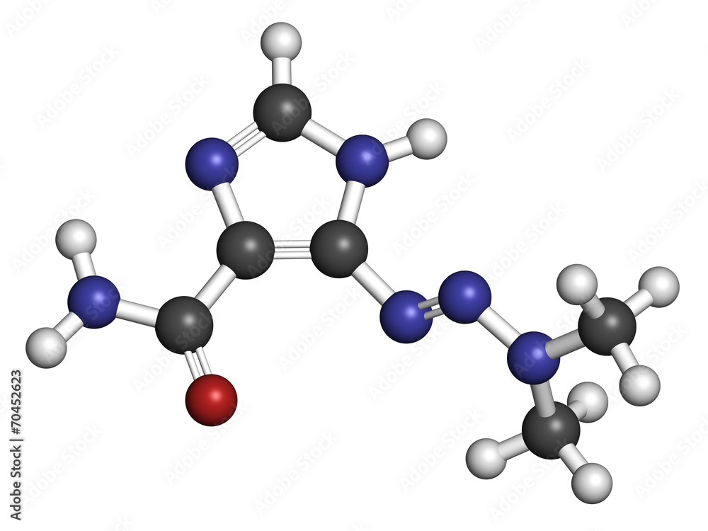 Dacarbazine cancer chemotherapy drug molecule. Dacarbazine cancer chemotherapy drug molecule.