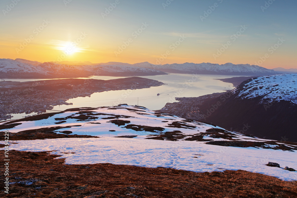 Sunset in moutain with fjord - Tromso