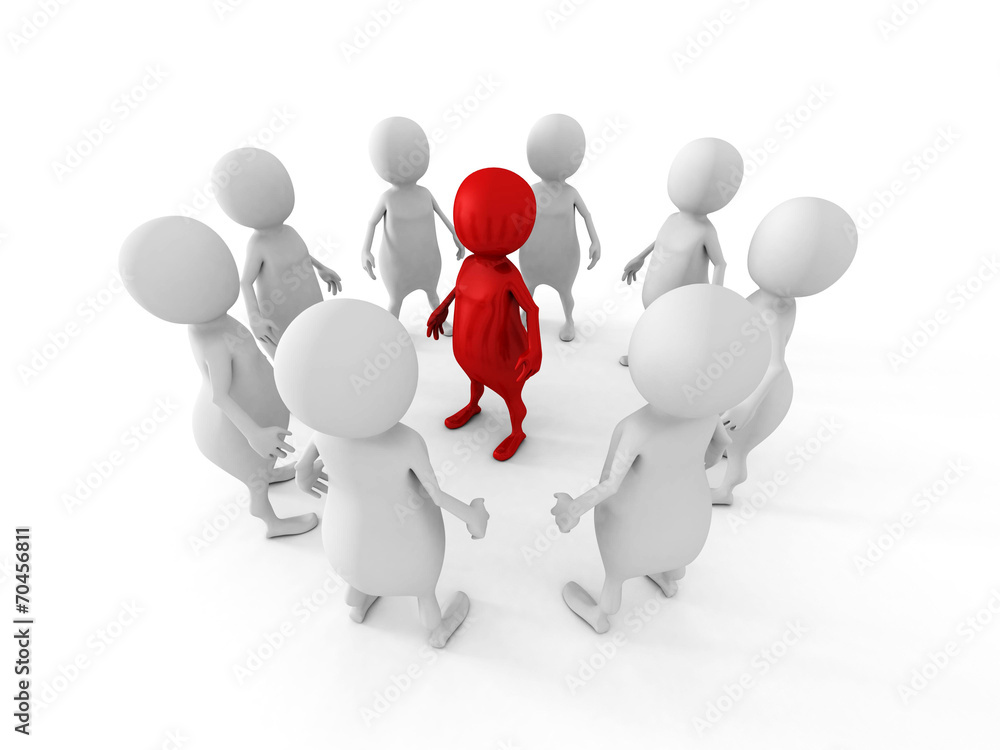 white team group stand around red leader boss white team group stand around red leader boss