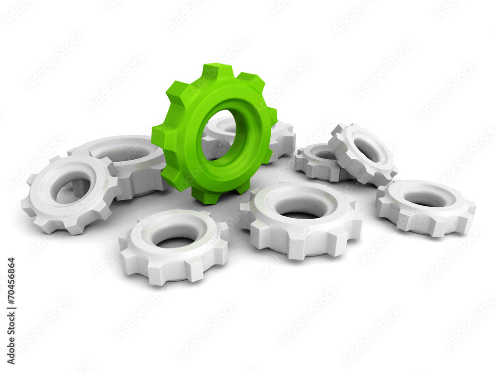 Cogwheel Gears With One Green Concept Leader Cogwheel Gears With One Green Concept Leader