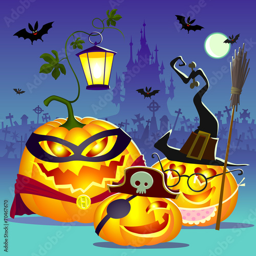 Halloween happy family of pumpkins