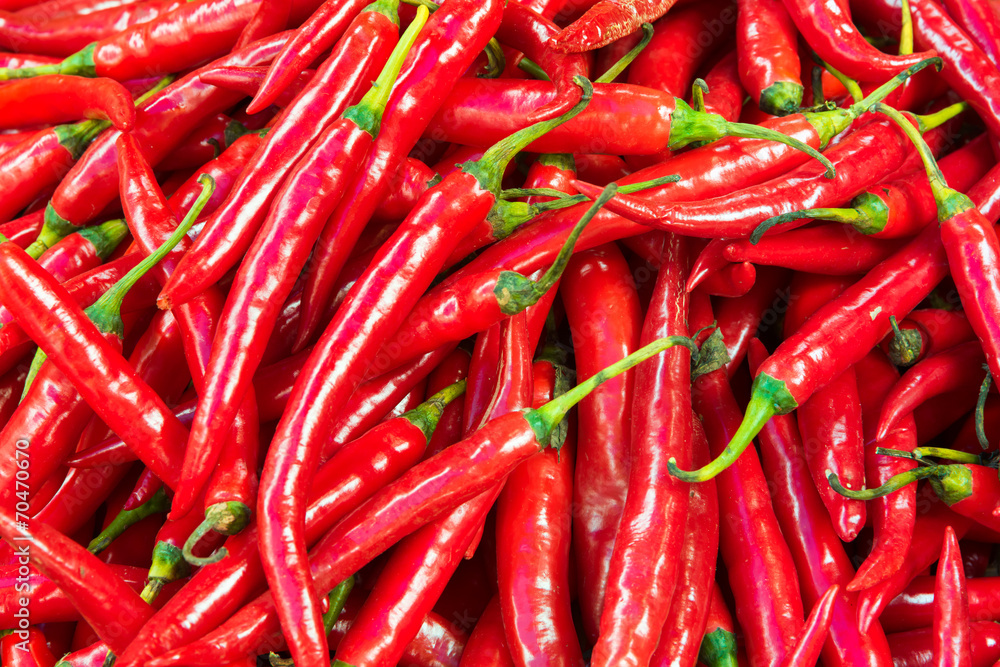 Red hot chili arrange in a row