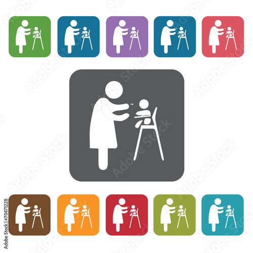 Mother feeding the baby icon. Baby Toys And Care icon set. Recta