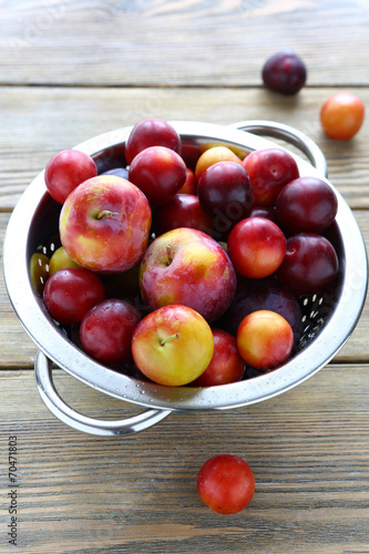 fresh and juicy plums in colander